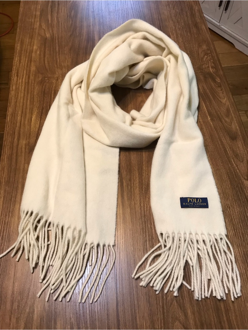 Polo Ralph Lauren Cream Fringed Scarf Made in Italy 20” X 78” nwot